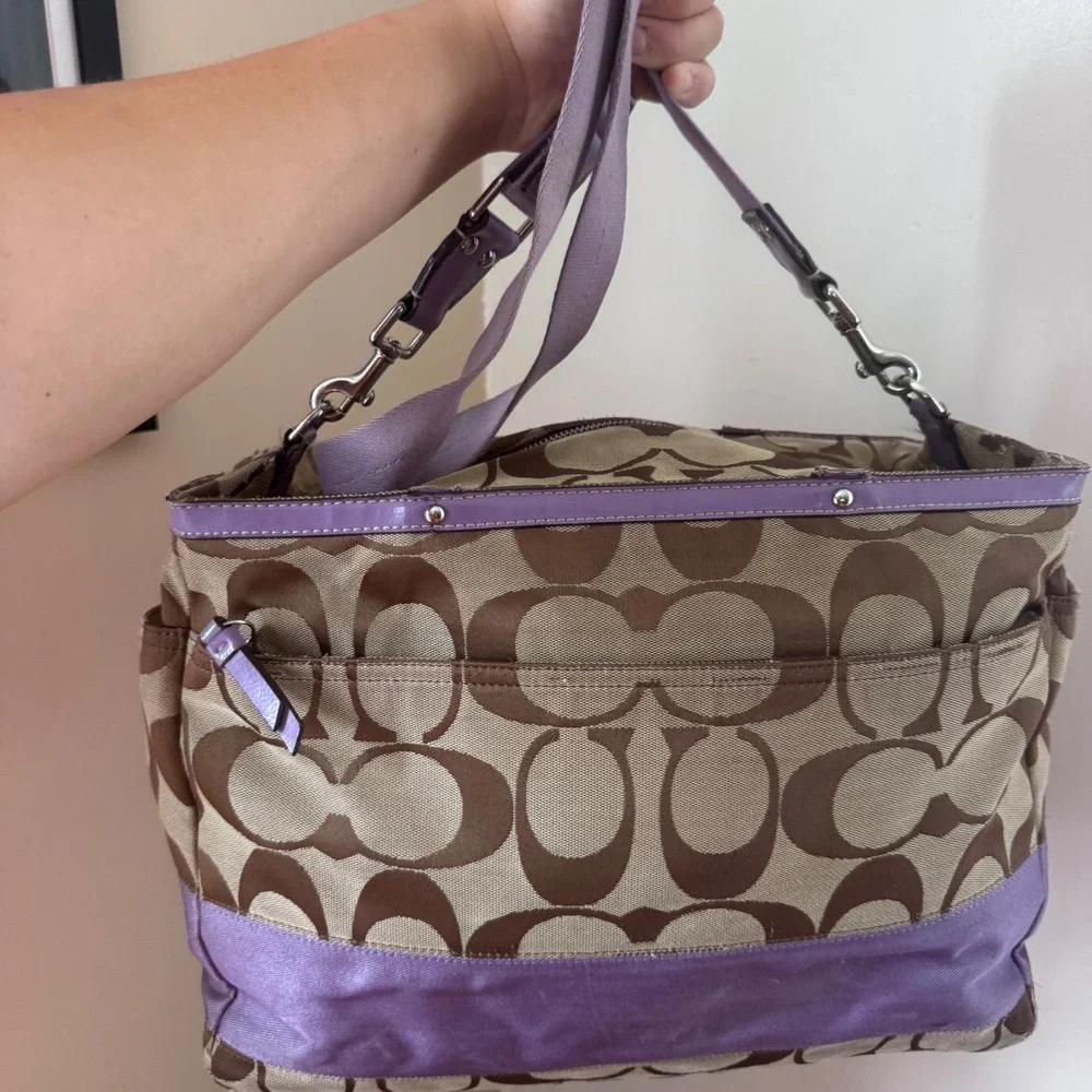 Coach Signature Brown Canvas Purple Trim Diaper Bag Tote F17443
